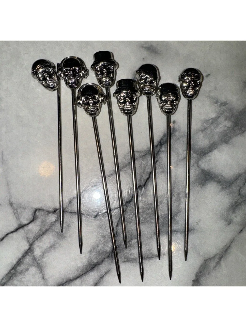8 Silver Metal Halloween Skull Cocktail Appetizer Food Sticks Toothpicks Party